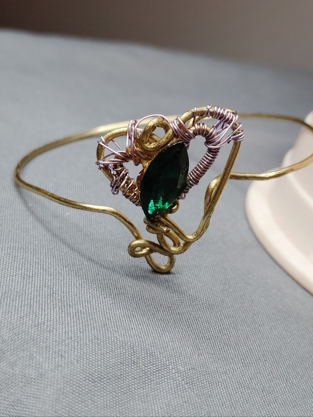 Handmade Gold Wire Cuff Bracelet with Emerald Green Marquise Crystal